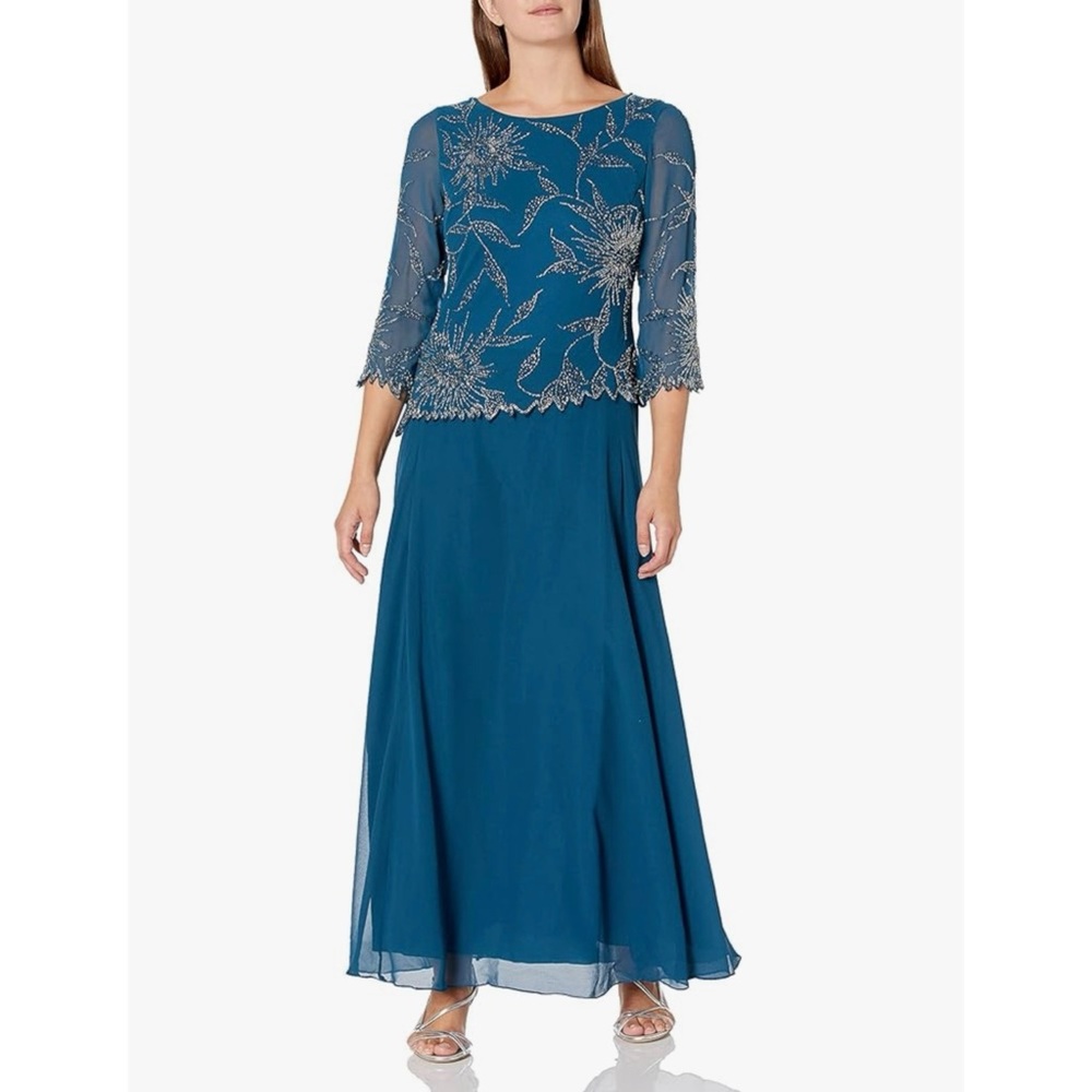 NWT J Kara Long Sleeve Beaded Dress in Teal